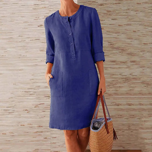Women Casual Soild Long Sleeve Cotton And Linen Tunic Dress Vintage Straight Dress Long Sleeve Oversized Mini Dress