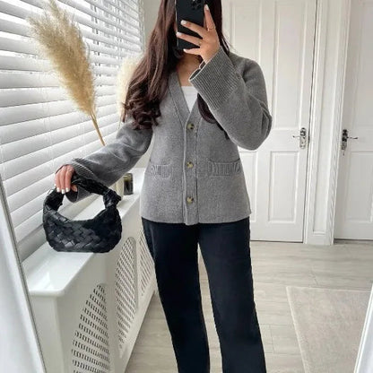 Knit Cardigan Women Autumn Gentle Solid Long Sleeve Single Breasted Female Sweaters V-Neek Pocket All Match Lady Knitwear 2024
