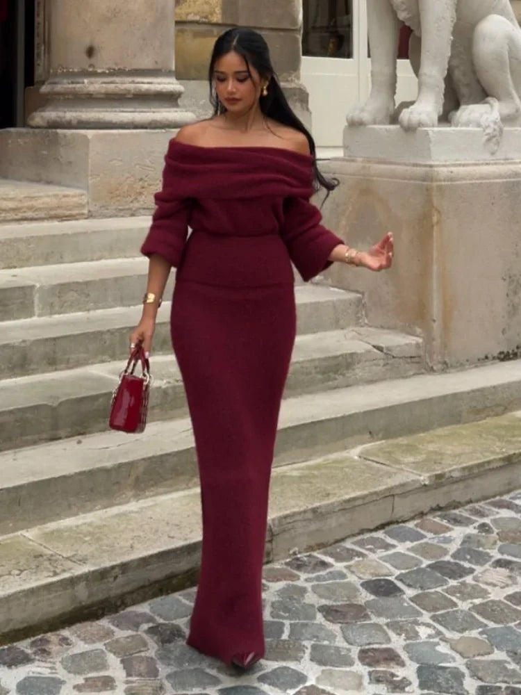Knitted Off Shoulder Long Sleeved Slim Fit Dresses Elegant Solid Color High Waisted Women'S Dress 2024 New Lady Party Streetwear