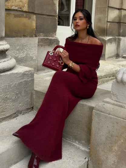 Knitted Off Shoulder Long Sleeved Slim Fit Dresses Elegant Solid Color High Waisted Women'S Dress 2024 New Lady Party Streetwear
