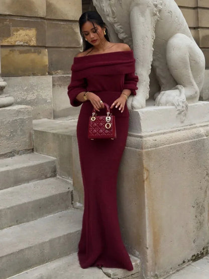 Knitted Off Shoulder Long Sleeved Slim Fit Dresses Elegant Solid Color High Waisted Women'S Dress 2024 New Lady Party Streetwear