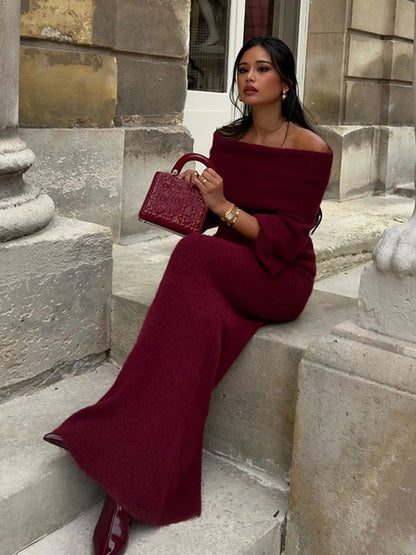 Knitted Off Shoulder Long Sleeved Slim Fit Dresses Elegant Solid Color High Waisted Women'S Dress 2024 New Lady Party Streetwear
