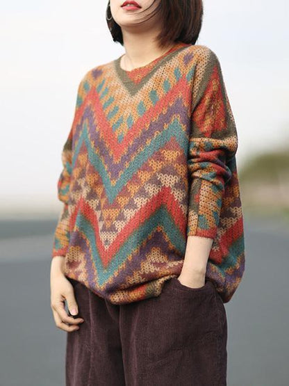 Knitting Loose Striped Colorful Sweater