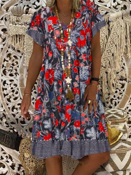 2020 Summer Women Dress V-Neck Printed Short-Sleeved Mid-Length Floral Dress
