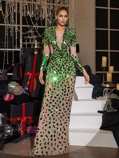 Acrylic Embellished Mesh Maxi Dress