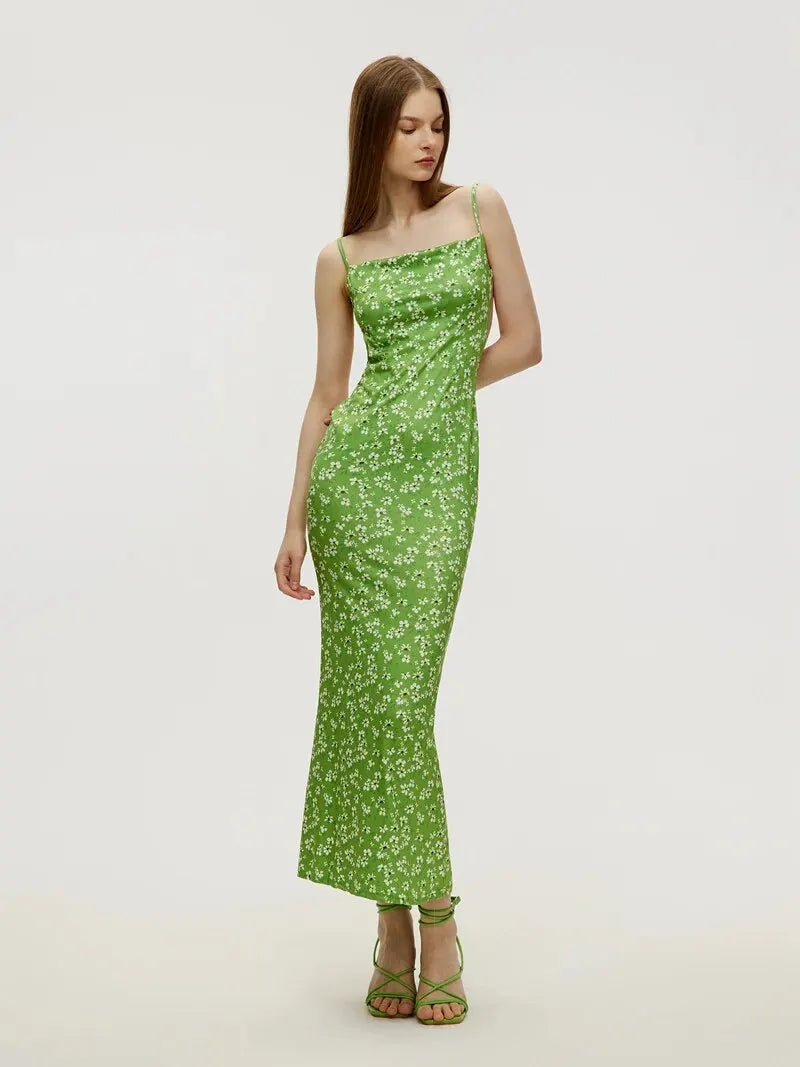 Long Floral Suspender Dress Nsummer Sexy Backless Slimming Beach Dress Fashionable Simple Printed Banquet Women'S Clothing
