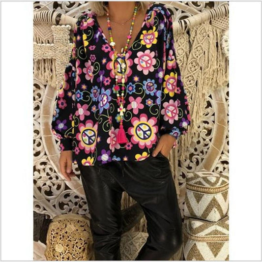 Women'S Shirts Print Loose Long Sleeve V-Neck Tops