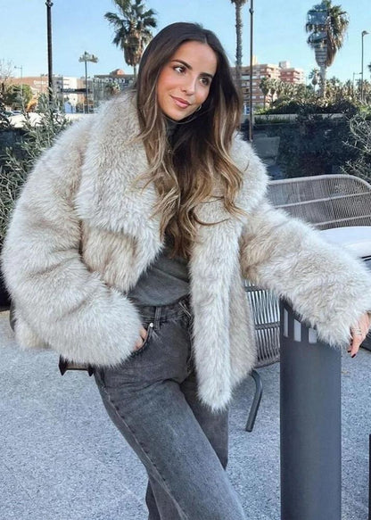 Faux Fur Winter Coat Plush Fabric Neutral Tone