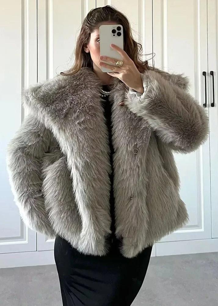 Faux Fur Winter Coat Plush Fabric Neutral Tone