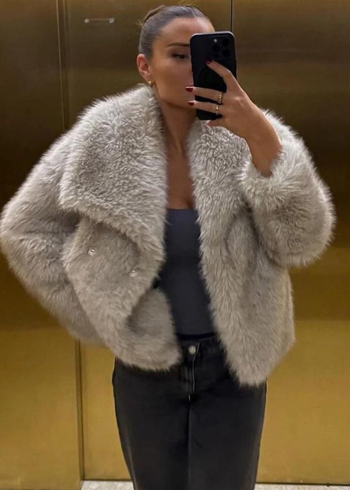 Faux Fur Winter Coat Plush Fabric Neutral Tone