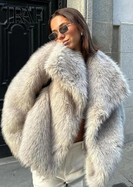 Faux Fur Winter Coat Plush Fabric Neutral Tone
