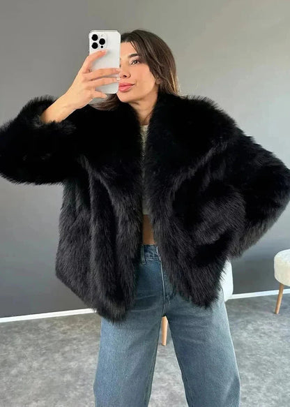 Faux Fur Winter Coat Plush Fabric Neutral Tone