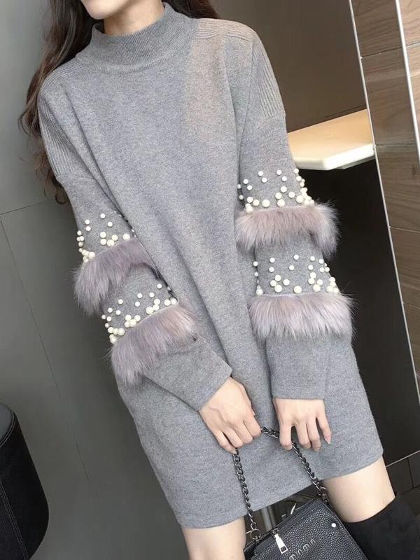 Pompom Fur Pearl Knit Long Loose Autumn Pullover Sweater