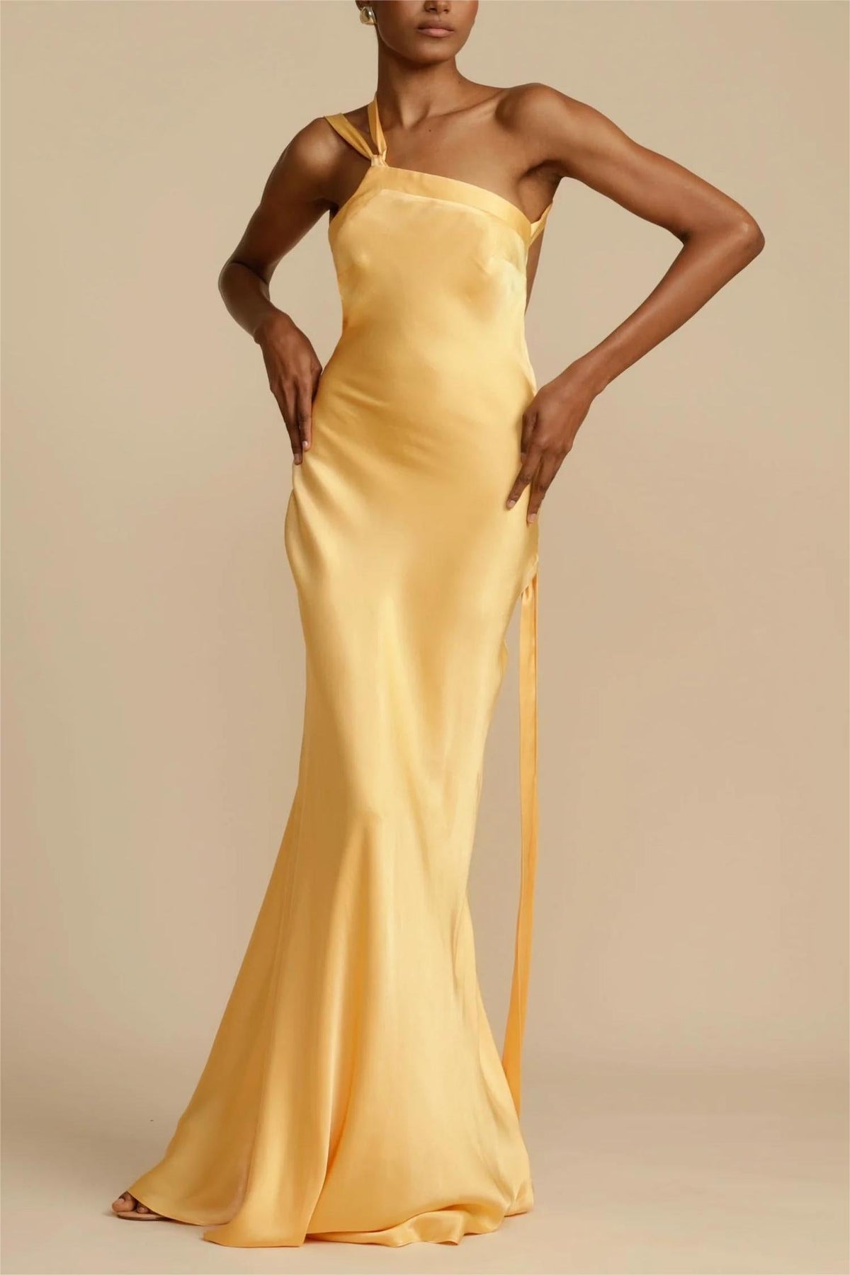 Satin Asymmetrical One Shoulder Backless Maxi Dress Yellow