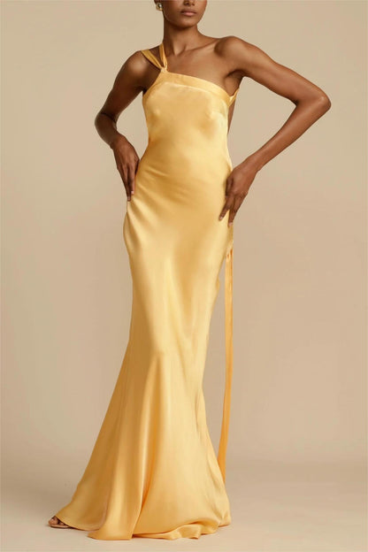 Satin Asymmetrical One Shoulder Backless Maxi Dress Yellow