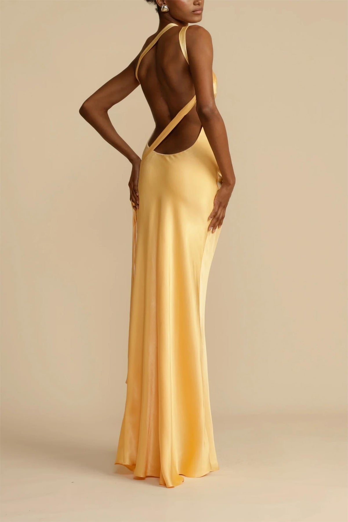 Satin Asymmetrical One Shoulder Backless Maxi Dress Yellow