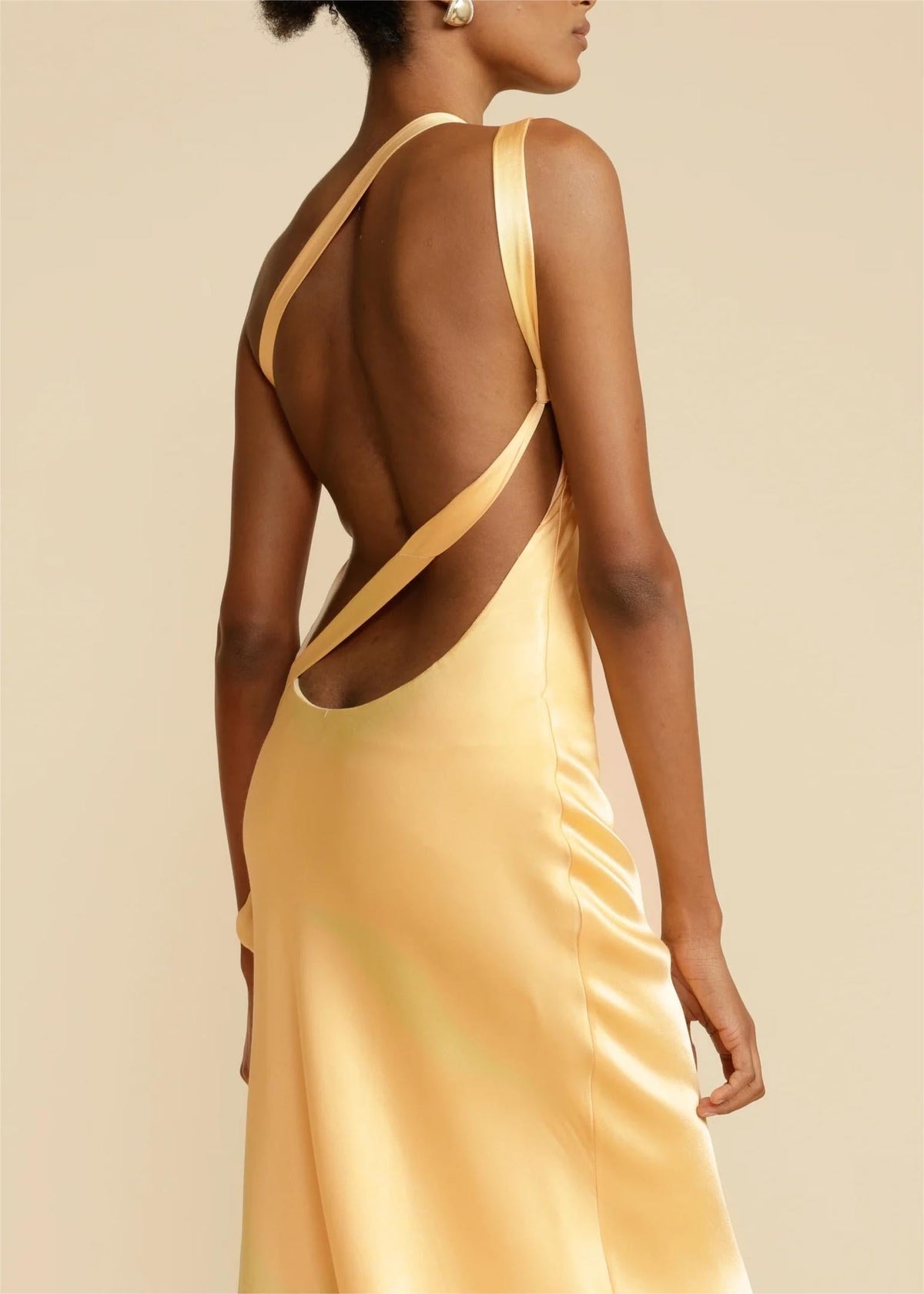 Satin Asymmetrical One Shoulder Backless Maxi Dress Yellow