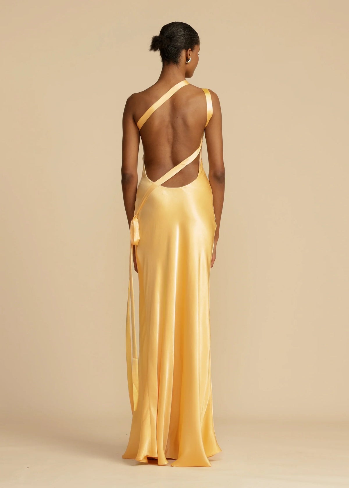 Satin Asymmetrical One Shoulder Backless Maxi Dress Yellow