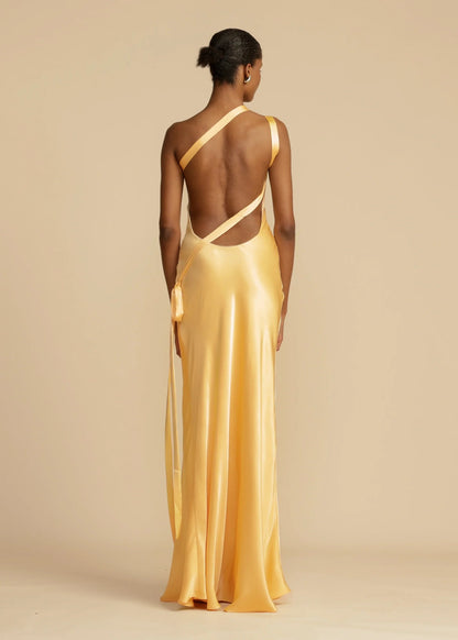 Satin Asymmetrical One Shoulder Backless Maxi Dress Yellow