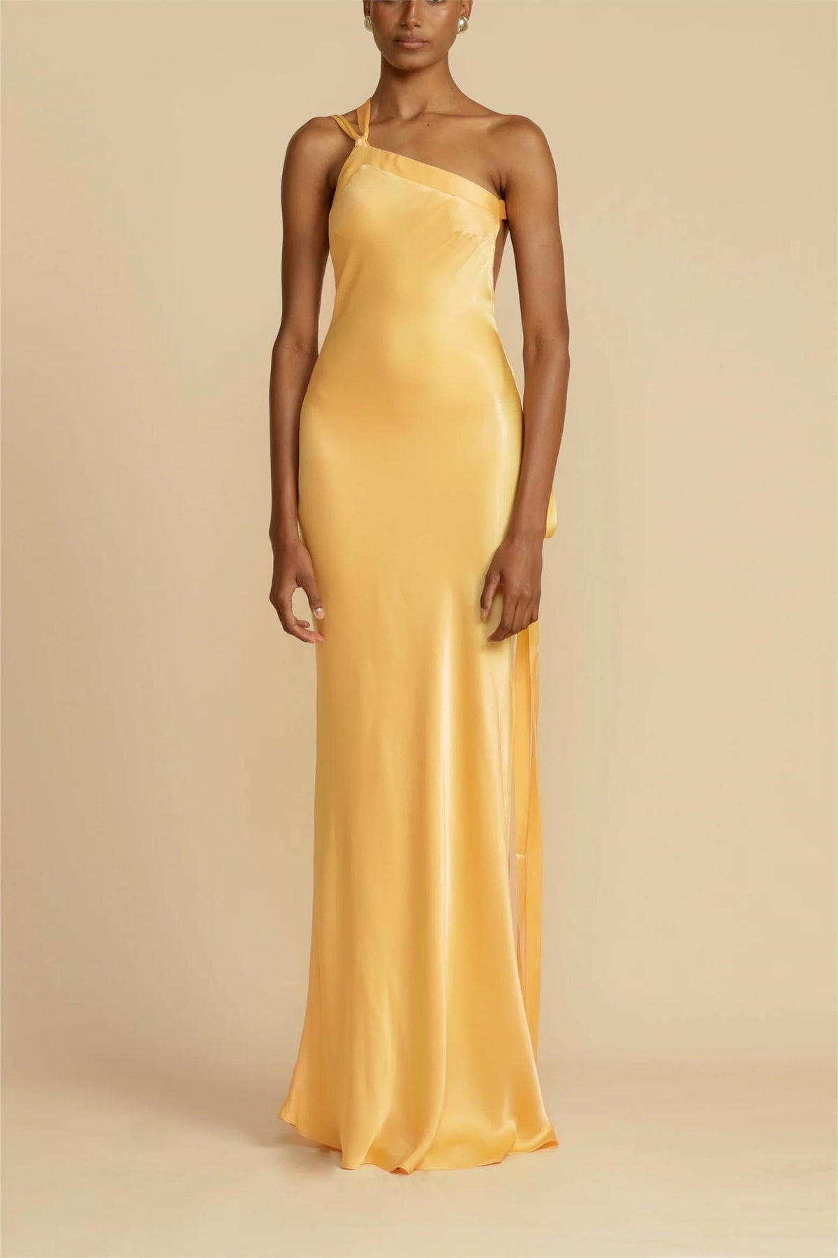Satin Asymmetrical One Shoulder Backless Maxi Dress Yellow