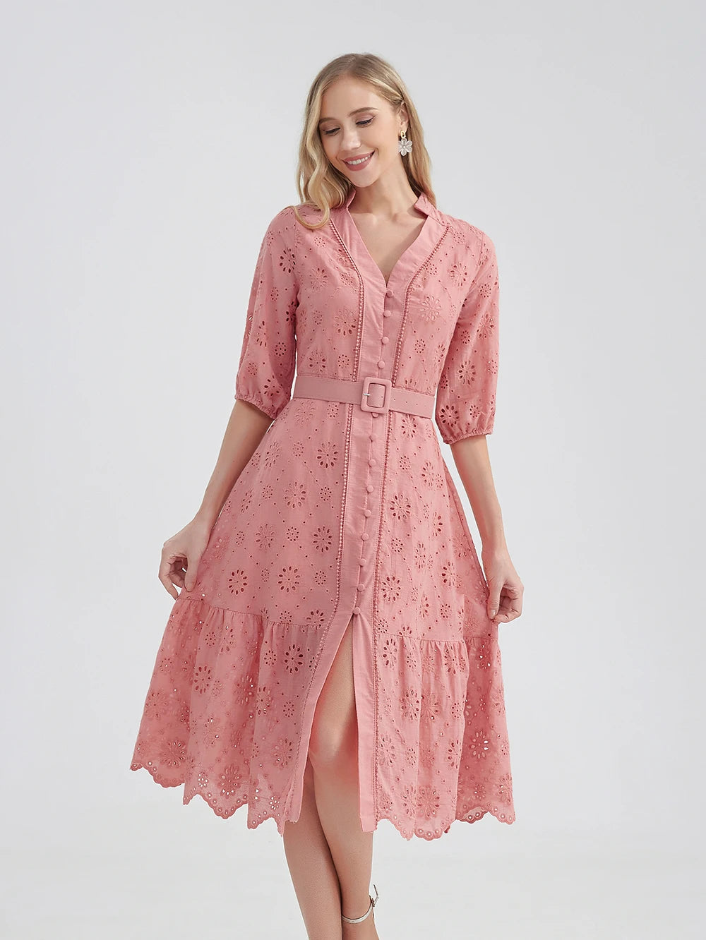 Marwin Cotton Hollow Out Summer Dress Women Holiday Perppy Casual High Waist Ruffled Mini V-Neck Dresses A-Line Frills Vestido