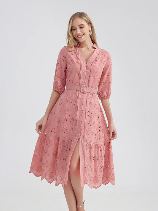 Marwin Cotton Hollow Out Summer Dress Women Holiday Perppy Casual High Waist Ruffled Mini V-Neck Dresses A-Line Frills Vestido