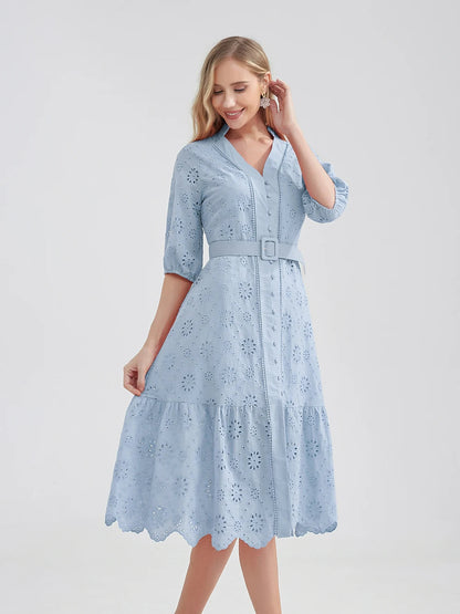 Marwin Cotton Hollow Out Summer Dress Women Holiday Perppy Casual High Waist Ruffled Mini V-Neck Dresses A-Line Frills Vestido