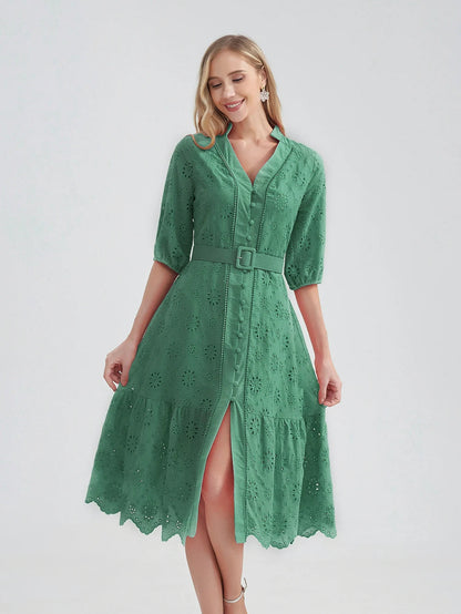 Marwin Cotton Hollow Out Summer Dress Women Holiday Perppy Casual High Waist Ruffled Mini V-Neck Dresses A-Line Frills Vestido