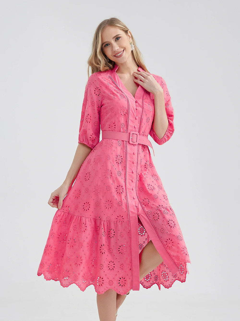 Marwin Cotton Hollow Out Summer Dress Women Holiday Perppy Casual High Waist Ruffled Mini V-Neck Dresses A-Line Frills Vestido