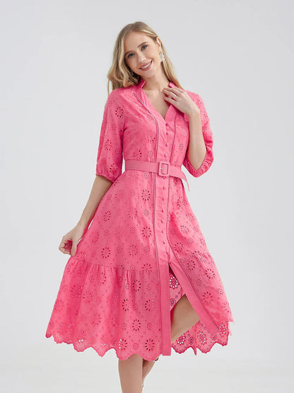 Marwin Cotton Hollow Out Summer Dress Women Holiday Perppy Casual High Waist Ruffled Mini V-Neck Dresses A-Line Frills Vestido