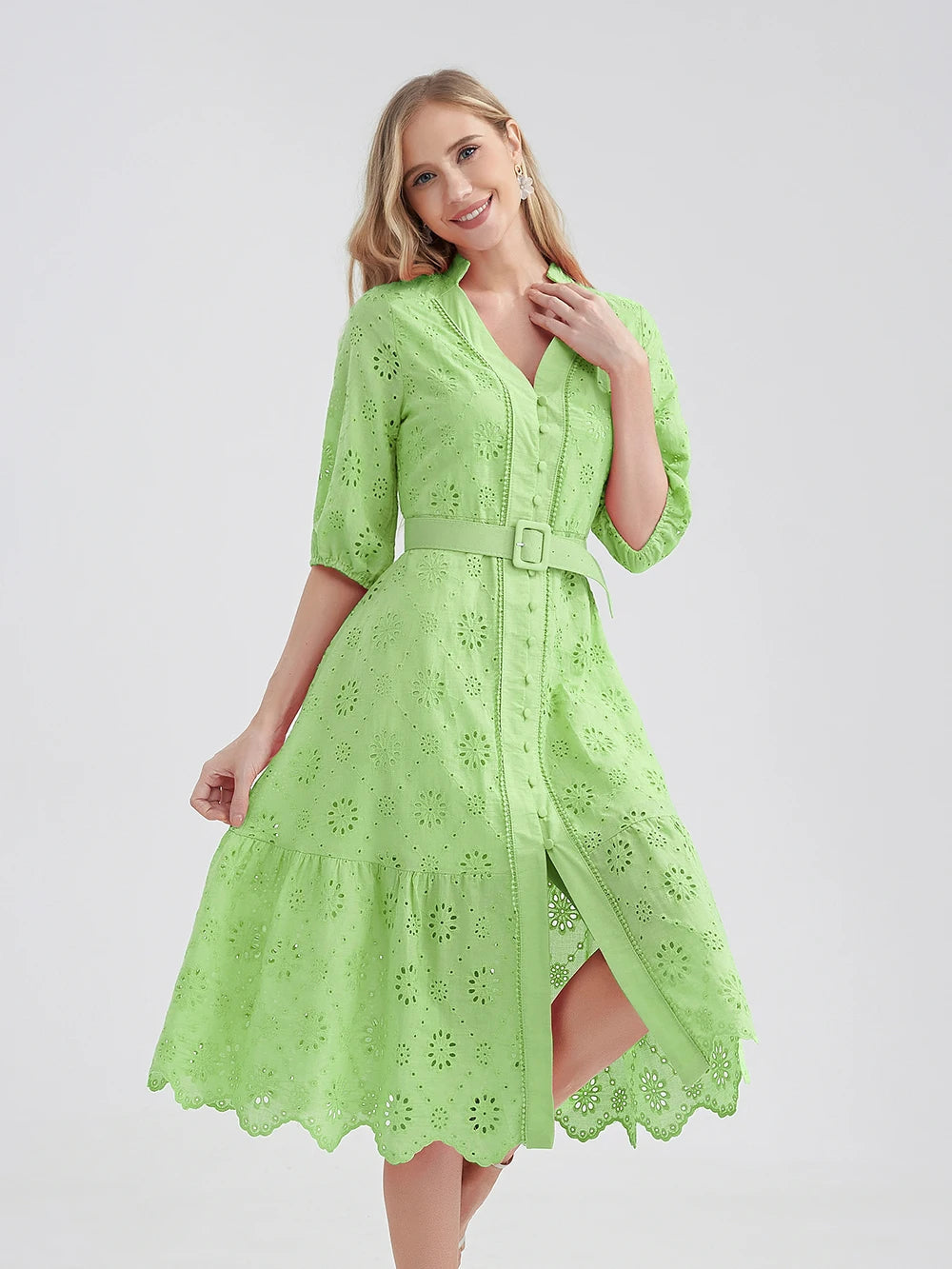 Marwin Cotton Hollow Out Summer Dress Women Holiday Perppy Casual High Waist Ruffled Mini V-Neck Dresses A-Line Frills Vestido