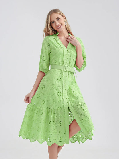 Marwin Cotton Hollow Out Summer Dress Women Holiday Perppy Casual High Waist Ruffled Mini V-Neck Dresses A-Line Frills Vestido
