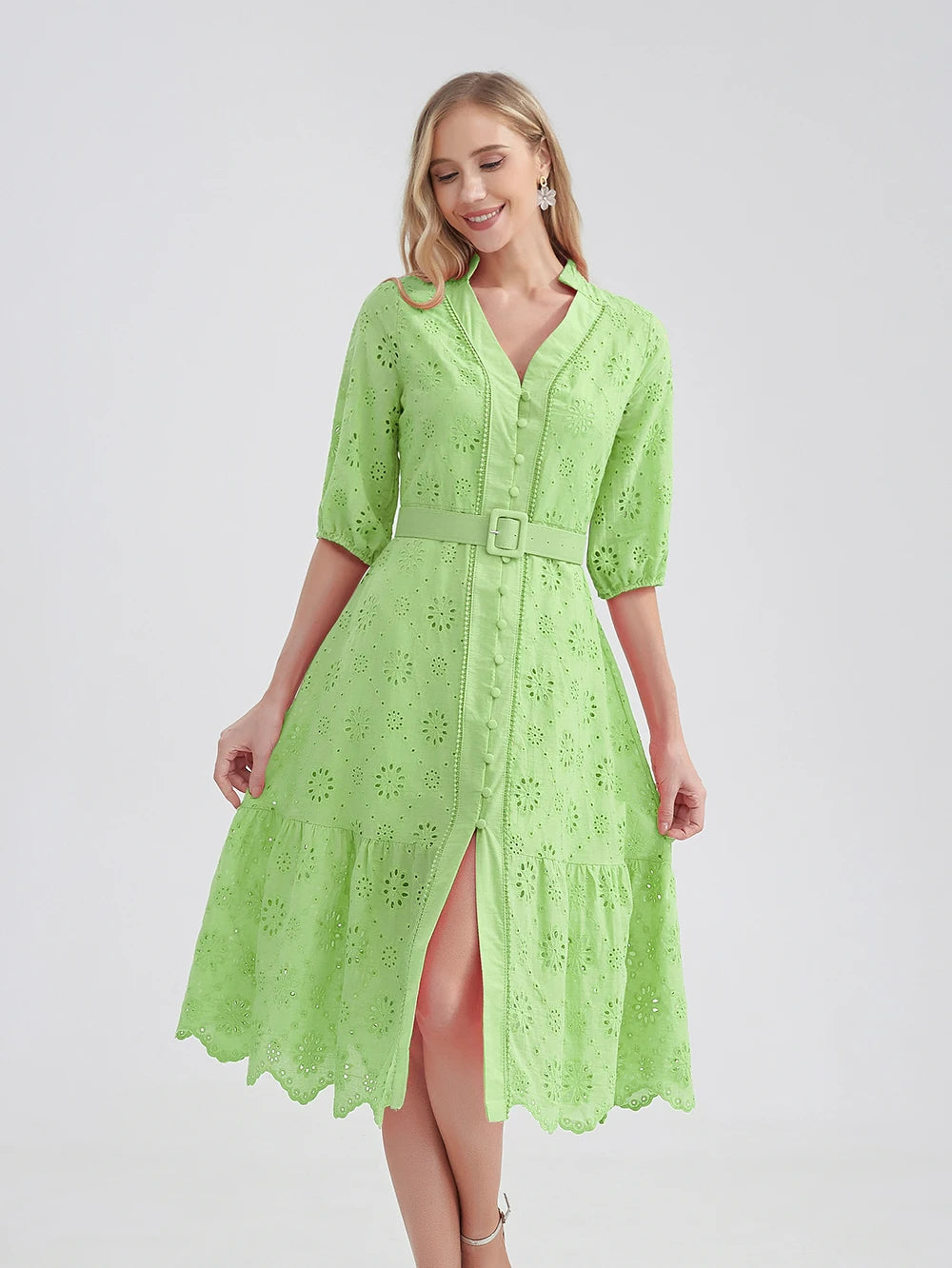 Marwin Cotton Hollow Out Summer Dress Women Holiday Perppy Casual High Waist Ruffled Mini V-Neck Dresses A-Line Frills Vestido
