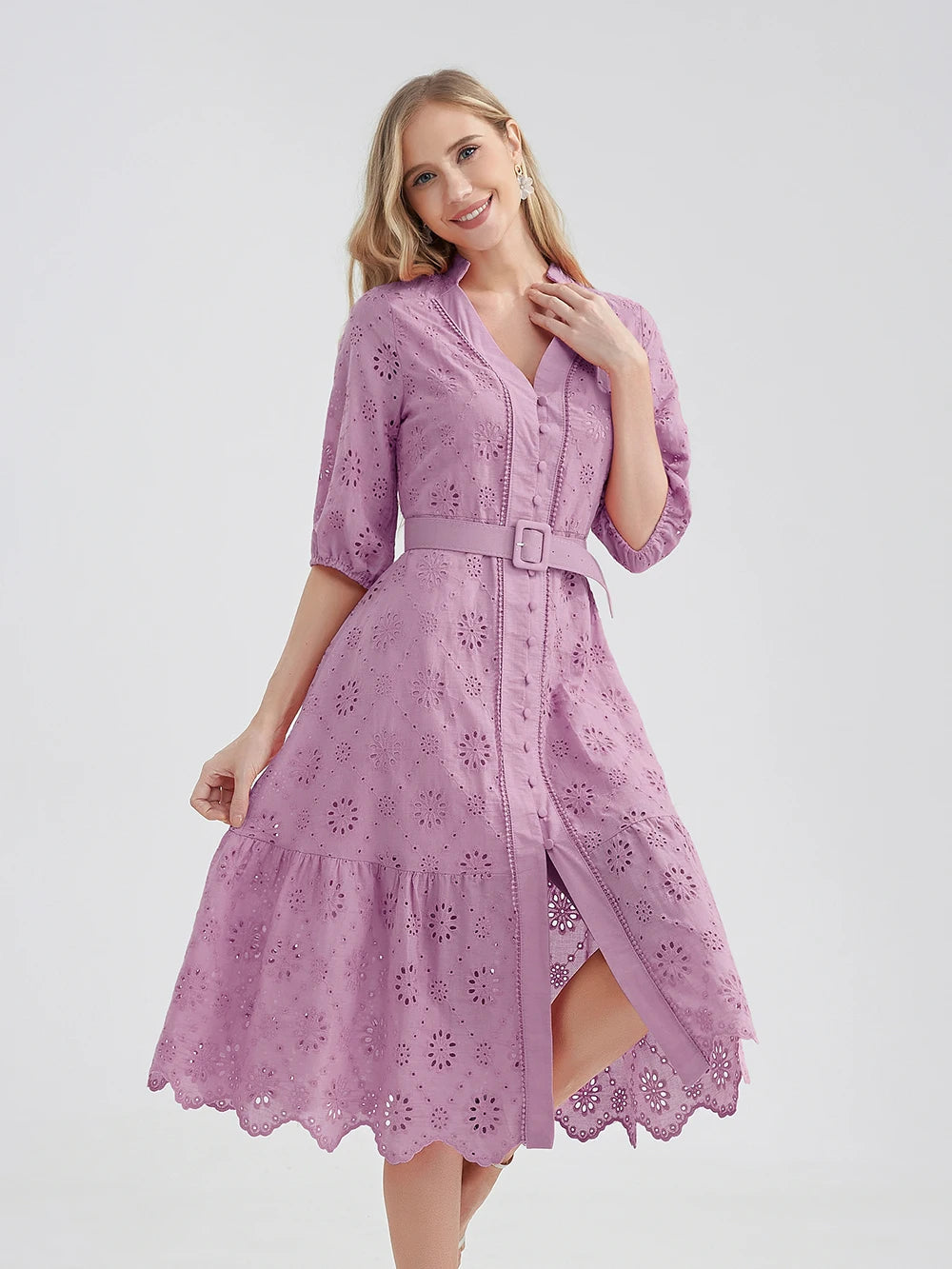 Marwin Cotton Hollow Out Summer Dress Women Holiday Perppy Casual High Waist Ruffled Mini V-Neck Dresses A-Line Frills Vestido