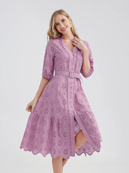 Marwin Cotton Hollow Out Summer Dress Women Holiday Perppy Casual High Waist Ruffled Mini V-Neck Dresses A-Line Frills Vestido