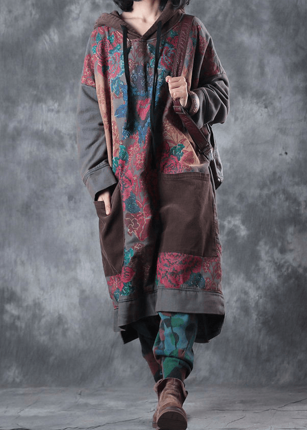Modern Green Print Cotton Clothes Hooded Drawstring Art Dress