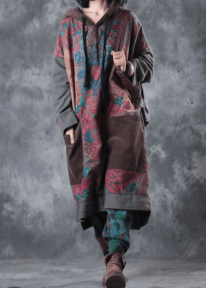 Modern Green Print Cotton Clothes Hooded Drawstring Art Dress