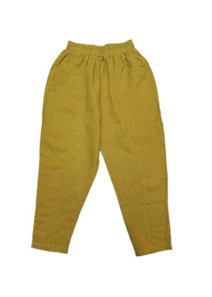 Natural Yellow Pockets Cotton Linen  Pants Summer