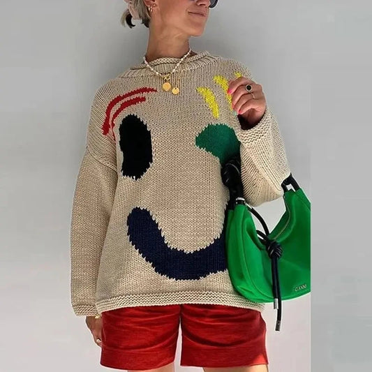 New 2024 Autumn Women'S Oversized Sweaters O Neck Knitwear Long Sleeve Loose Fit Pullovers Female Casual Smile Boho Sweater Tops