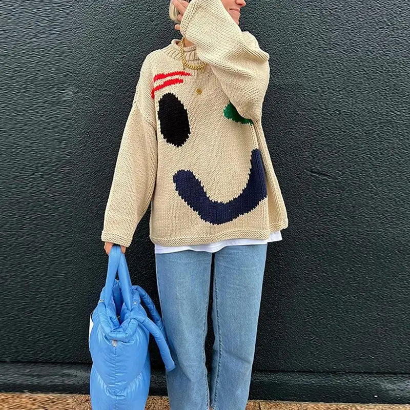 New 2024 Autumn Women'S Oversized Sweaters O Neck Knitwear Long Sleeve Loose Fit Pullovers Female Casual Smile Boho Sweater Tops