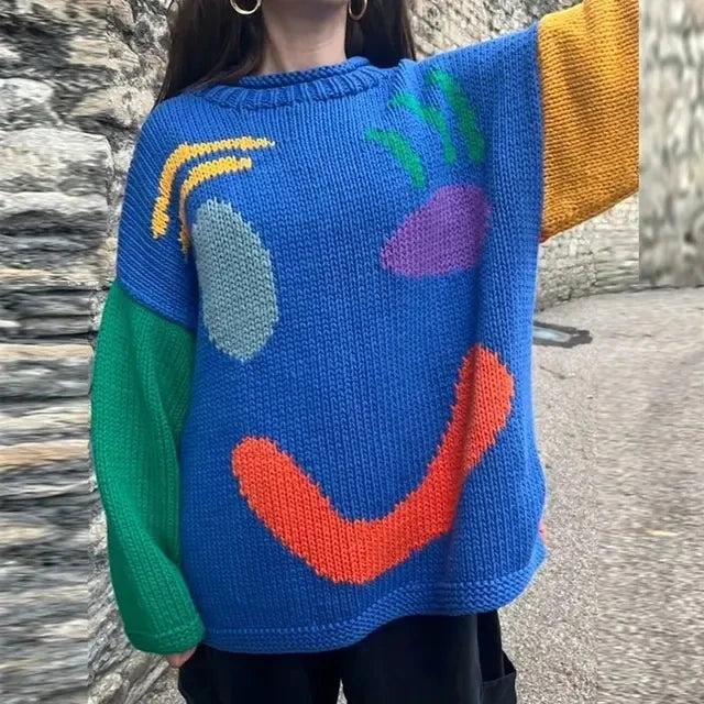 New 2024 Autumn Women'S Oversized Sweaters O Neck Knitwear Long Sleeve Loose Fit Pullovers Female Casual Smile Boho Sweater Tops