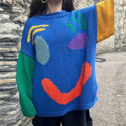 New 2024 Autumn Women'S Oversized Sweaters O Neck Knitwear Long Sleeve Loose Fit Pullovers Female Casual Smile Boho Sweater Tops