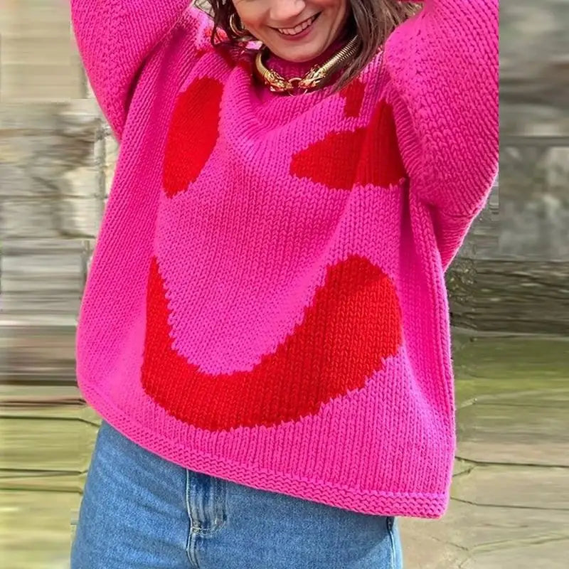 New 2024 Autumn Women'S Oversized Sweaters O Neck Knitwear Long Sleeve Loose Fit Pullovers Female Casual Smile Boho Sweater Tops