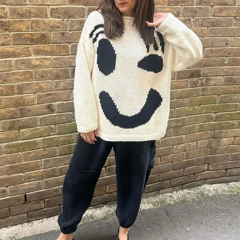 New 2024 Autumn Women'S Oversized Sweaters O Neck Knitwear Long Sleeve Loose Fit Pullovers Female Casual Smile Boho Sweater Tops