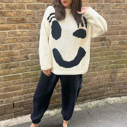 New 2024 Autumn Women'S Oversized Sweaters O Neck Knitwear Long Sleeve Loose Fit Pullovers Female Casual Smile Boho Sweater Tops