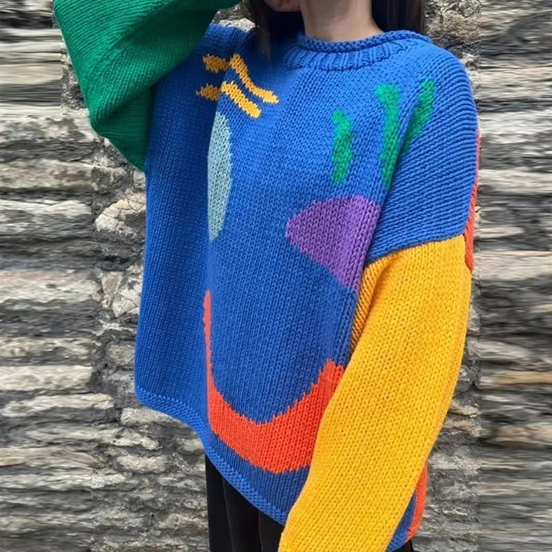New 2024 Autumn Women'S Oversized Sweaters O Neck Knitwear Long Sleeve Loose Fit Pullovers Female Casual Smile Boho Sweater Tops