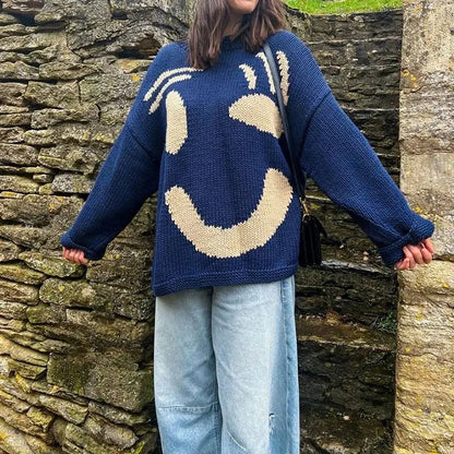 New 2024 Autumn Women'S Oversized Sweaters O Neck Knitwear Long Sleeve Loose Fit Pullovers Female Casual Smile Boho Sweater Tops
