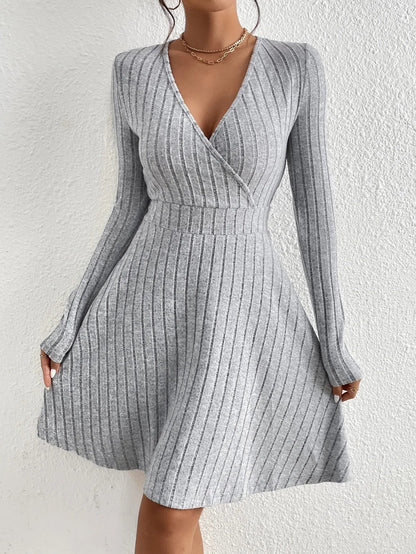 New For Autumn/Winter 2024 Women Knit Slim Sexy Bodycon Dress V-Neck Long Sleeve Dress Solid Casual Midi Sweater Dress
