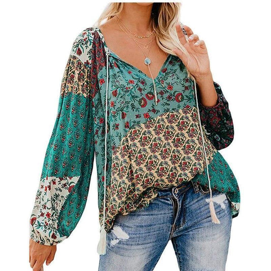 Women Autumn Blouse Floral Print Long Loose V-Neck Pullover Drawstring Shirt