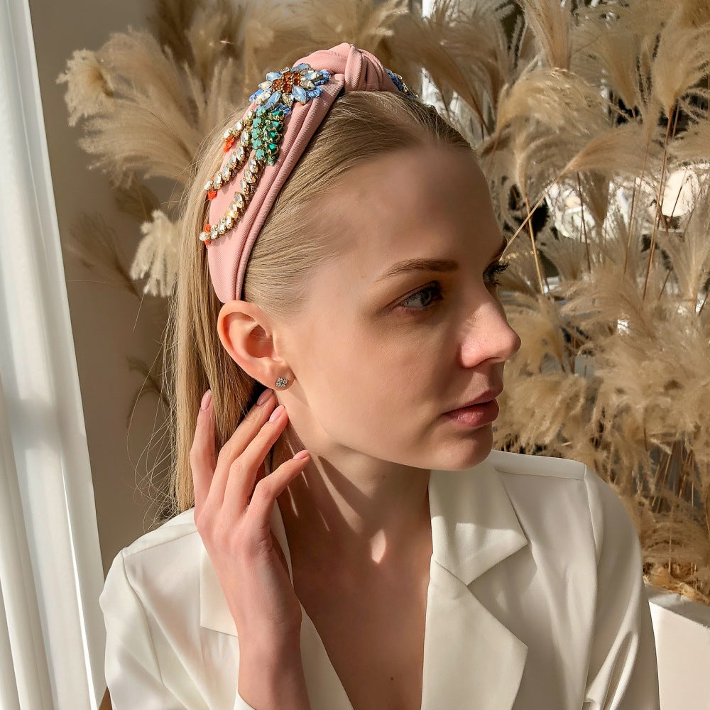 Stylish Hand-Stitched Embroidered Flowers Fabric Headband Personality Creative Diamond-Encrusted Knotted Headband For Women